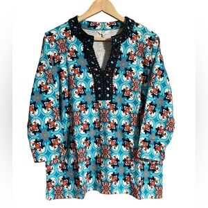 100% Cotton Vibrant Blue Floral 3/4 Sleeve Crocheted Split Neckline Top